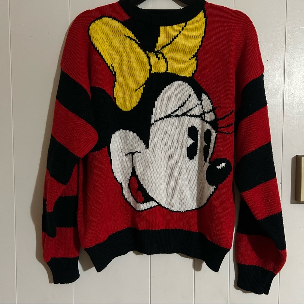 Vintage 90s Disney Women's Red and Black Minnie Mouse Sweater Sz Md